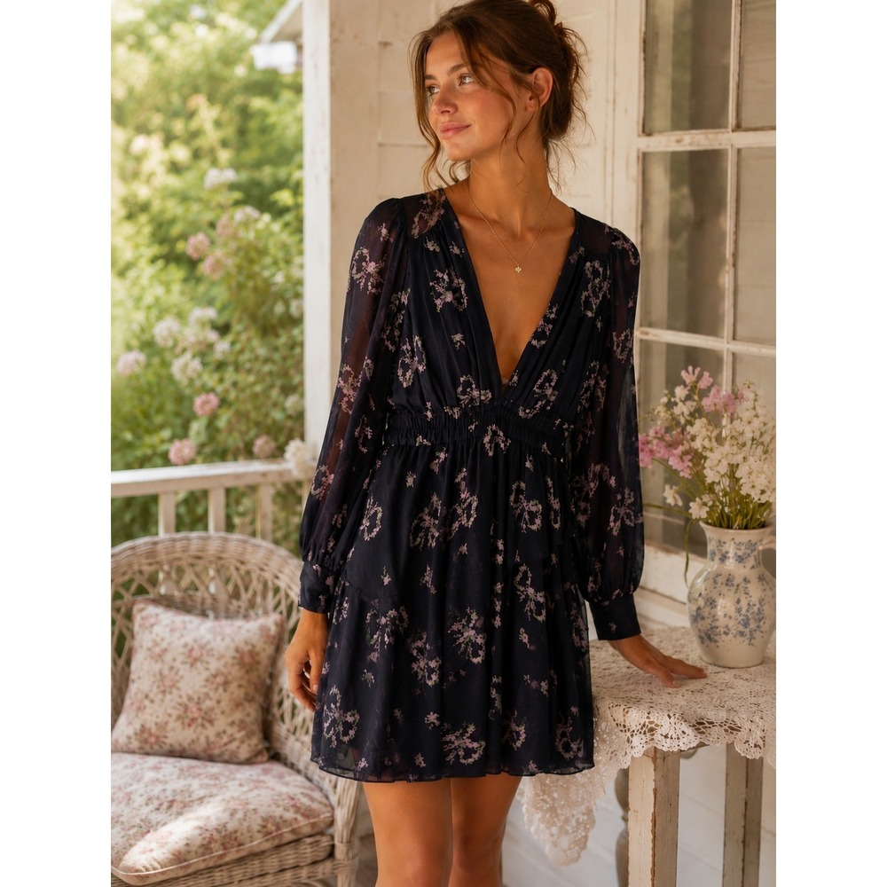 LoveShackFancy Floral Bow Mini Dress S Navy Cottagecore Sheer Ruffles Boho